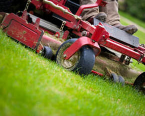 person riding red mower cutting grass